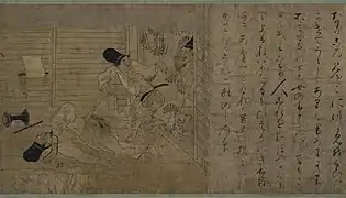 Parchemin divisé en deux parties, avec sur la gauche un dessin représentant un futanari couché au sol à-demi nu et qui est moqué par deux autres personnages, et sur la droite un texte japonais servant de légende à l'illustration.