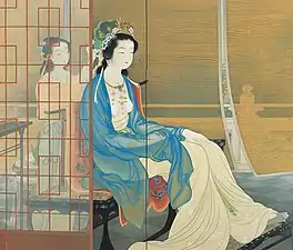 La belle Yang Guifei, concubine de l'empereur Xuanzong des Tang (1922). Paravent à deux feuilles, couleurs sur soie, Musée d'art Shōhaku (en), Nara.