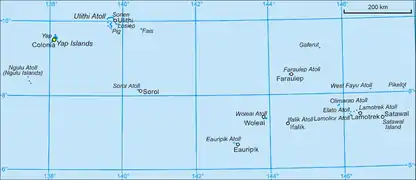 Carte en couleur montrant différentes îles. La mer est en bleu. Pikelot se trouve à l'extrême est de la carte.
