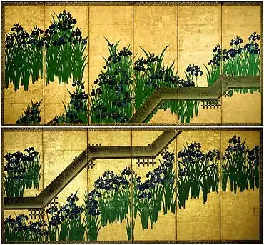 Iris à Yatsuhashi (les huit ponts). Ogata Kōrin. Paire de paravents sur six. Après 1709. Encre et couleurs sur feuille d'or sur papier, 163.7 x 352.4 cm ch. Metropolitan Museum of Art.