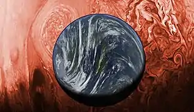 Une lune ressemblant à la Terre et une planète géante gazeuse rouge.