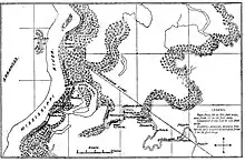 Carte des voies navigables parcourues au début de l'expédition. Commençant au Yazoo Cut sur le Mississippi juste en dessous de Helena, Arkansas, elle passe par Moon Lake, puis le long du Yazoo Pass jusqu'à la Coldwater River.