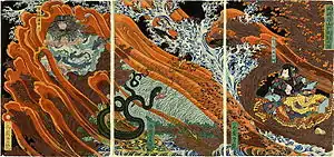 Bataille de magie entre le chef des voleurs Hakamadare no Mochisuke qui est transformé en oiseau de proie et Kidomaru, transformé en serpent géant. Triptyque.