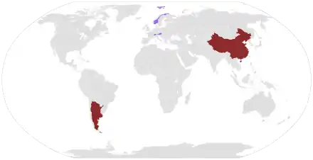 Carte du monde indiquant les pays où ont eu lieu les JOJ, en brun, ceux d'été, en violet, ceux d'hiver