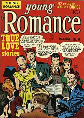 Couverture de Young Romance no 11 (mai-juin 1949). Avec cette série, Simon et Kirby ont créé le comic romantique.