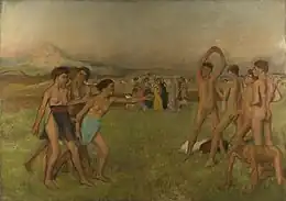 Photographie en couleurs d'un tableau de facture impressionniste représentant un groupe de jeunes femmes spartiates mi-nues, face à un groupe de jeunes garçons nus, à l'exercice, en extérieur.
