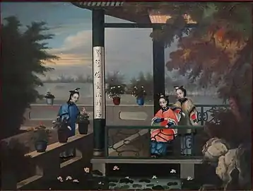 Youqua, av. 1844. Dames, autour d'un bassin. Huile/toile, 45 x 60 cm.