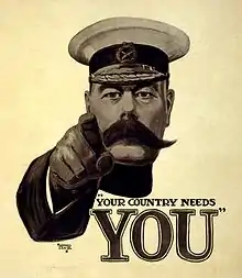 Autre version de l’affiche qui reprend fidèlement la légende figurant sur la couverture de London Opinion : Your Country Needs YOU (Votre pays a besoin de vous), sans le mot britons (désignant les  britanniques), formule plus appropriée pour s’adresser, par exemple, aux citoyens des dominions et autres pays alliés du Royaume-Uni.