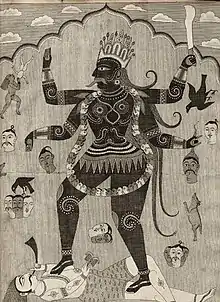 Représentation d'une figure monstrueuse féminine avec quatre bras tenant des têtes humaines.