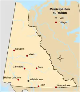 Carte affichant les localisations de toutes les municipalités du Yukon