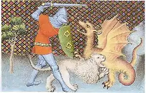 Un chevalier entièrement couvert d'une armure, tenant un bouclier et une épée, attaque un dragon ailé, de la même taille que lui ; un lion entre les jambes du chevalier cherche à mordre le dragon.
