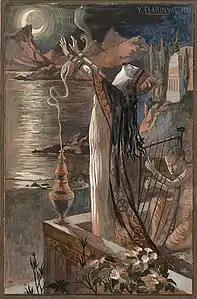 Salammbô invoquant la lune. Toile d'Yvonne Clarinval, 1910.