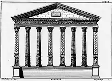 Dessin en noir en blanc de la façade d'un monument a colonnes surmontées d'un fronton triangulaire.