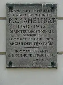 Plaque Zéphyrin Camélinat au 137, rue de Belleville.