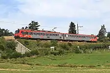 Un TER dans la verdure près d'Aumont-Aubrac, se dirige vers Béziers, en provenance de Saint-Chély.