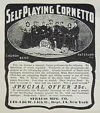 Publicité d'un marchand de zobos new yorkais en 1901. Elle parle de la Church Band (fanfare d'église) de Paterson (New Jersey).