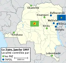 Carte du Zaïre. Les villes de Bafwasende, Bukavu, Goma et Walikale, à l'est, sont contrôlées par l'AFDL tandis que les villes de Gbadolite (au nord), Kinshasa (à l'ouest), Lubumbashi (au sud), Kisangani et Kindu (ces deux dernières villes au centre) sont tenues par les FAZ).