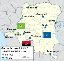 Carte de la République démocratique du Congo. L'AFDL contrôle Kisangani, Goma et Kindu à l'est et Lubumbashi, Tshikapa et Kikwit au sud. Les FAZ contrôlent Gbadolite et Mbandanka au nord et Kenge, Kinshasa et Matadi à l'ouest.