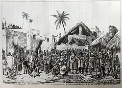 Un marché aux esclaves devant l'église anglicane de Stone Town à Zanzibar, par Edwin Roper Loftus Stocqueler (en) (1860).