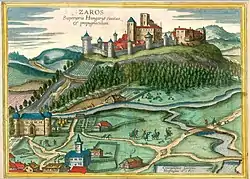 Gravure du château de Šariš/Saros, Joris Hoefnagel, 1617