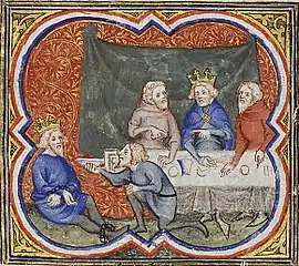 Sédécias enchaîné et mené à Nabuchodonosor (enluminure médiévale de Pierre le Mangeur, extraite de la Bible historiale)