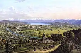 Vue générale de Zurich prise de la Waid autour de 1884.