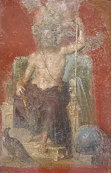 Peinture d'un Jupiter barbu et assis entouré d'un aigle et d'un globe.