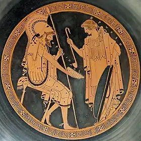 Zeuxo verse du vin à Chrysippe. Intérieur d'un kylix attique à figures rouges par le peintre de Brygos, Capoue, ca. 490-480 avant JC.