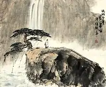 Gravure d'un homme seul sur un grand rocher, regardant une cascade.
