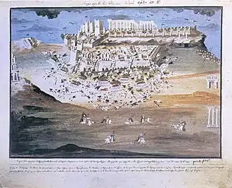 tableau naïf ; des troupes montent à l'assaut de l'Acropole d'Athènes sur des échelles.