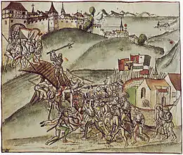 Stüssi défendant le pont de la Sihl (Chronik des Alten Zürichkriegs de Werner Schodoler, 1514)