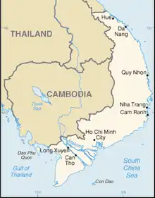 La république du Viêt Nam inclut Hué au nord ; République démocratique du Viêt Nam n’a aucune frontière avec le Cambodge