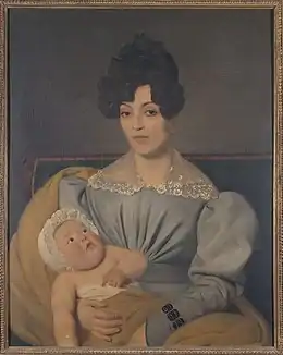 Tableau représentant une femme vêtue d'une robe grise qui porte dans ses bras un bébé à demi-nu