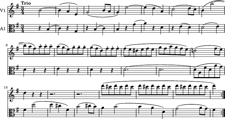 
<< \new Staff \with { instrumentName = #"V1 "}
     \relative c'' {
    \version "2.18.2"
    \key g \major
    \tempo "Trio"
    \time 3/4
    \tempo 4 = 130
   s4 b2 ~ b4 (a e)
    g2 (b8 a g4) e'2 ~ e4 (d a)
    c2 (d8 c)
    b4 (b'2  ~ b8) (a fis) a-. a-. a-.
    a (g e) g-. g-. g-.
    g (fis d) fis-. fis-. fis-.
    fis (e dis e fis e g fis a g fis e)
    d!2 (fis8 e)
    d4 r r r2. r2.
    d'8 (cis d cis d cis d cis d
    cis d cis d cis d cis d cis d4)  \bar ":|."
}
\new Staff \with { instrumentName = #"A1 "} \relative c'' {
    \key g \major
    \clef "alto"
    s4 r b, (c) r g r b (c) b r g' (a) r d, r e (d)
    d2 (e4) d4 r r e r r d r r
    d2. (d d8) (a fis' d a' g)
    fis4 d'2 (d4 cis fis,)
    b2 (cis8 b)
    a4 b2 (b4 a d,)
    g2 (a8 g) fis4
 }
>>
