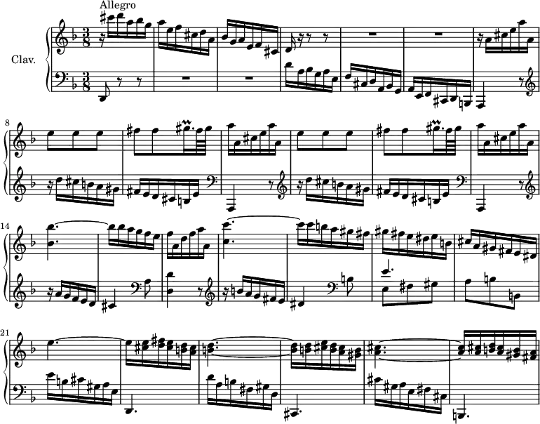 
\version "2.18.2"
\header {
  tagline = ##f
  % composer = "Domenico Scarlatti"
  % opus = "K. 553"
  % meter = "Allegro"
}
%% les petites notes
trillGisqqp     = { \tag #'print { gis16.\prall } \tag #'midi { a32 gis a } }
upper = \relative c'' {
  \clef treble 
  \key d \minor
  \time 3/8
  \tempo 4. = 54
  \set Staff.midiInstrument = #"harpsichord"
  \override TupletBracket.bracket-visibility = ##f
      s8*0^\markup{Allegro}
      r16 cis'16 d a bes g | a e f cis d a | bes g a e f cis | { \tag #'print d16 \tag #'midi r16 } r16 r8 r8 | 
      % ms. 5
      R4.*2 | r16 \repeat unfold 2 { a'16 cis e a a, | e'8 e e | fis fis \trillGisqqp fis64 gis | a16 }
      % ms. 13 suite
      a,16 cis e a a, | < bes bes' >4.~ bes'16 bes a g f e | f a, d f a a, | < c c' >4.~ 
      % ms. 18
      c'16 c b a gis fis | gis fis e dis e b | cis a gis fis e dis | e'4.~ | e16 < cis e > < d fis > < cis e > < b d > < a cis > | < b d >4.~
      % ms. 24
      < b d >16 q < cis e > < b d > < a cis > < gis b > | < a cis >4.~
      % ms. 30
      < a cis >16 q < b d > < a cis > < gis b > < fis a > |
}
lower = \relative c' {
  \clef bass
  \key d \minor
  \time 3/8
  \set Staff.midiInstrument = #"harpsichord"
  \override TupletBracket.bracket-visibility = ##f
    % ************************************** \appoggiatura a16  \repeat unfold 2 {  } \times 2/3 { }   \omit TupletNumber 
      d,,8 r8 r8 | R4.*2 | d''16 a bes g a e | f cis d a bes g |
      % ms. 6
      a16 e f cis d b |  \repeat unfold 2 { \clef bass a4 r8   \clef treble  r16 d'''16 cis b a gis | fis e d cis b e } | \clef bass
      % ms. 13
       a,,,4 r8 |  \clef treble r16 a''' g f e d | cis4   \clef bass a8 | < d, d' >4 r8 |  \clef treble  r16 b''16 a g fis e |
      % ms. 18
      dis4  \clef bass b8 | << { e4. } \\ { e,8 fis gis } >> | a8 b b, | e'16 b cis gis a e | d,4. | d''16 a b fis gis d |
      % ms. 24
      cis,4. | cis''16 gis a e fis cis | b,4. | % b''16 fis gis d e b | a,4 cis'8 | d e e, |
      % ms. 30
      % < a a' >4 < b b' >8 | < e, e' >8 a' b | e16 b cis gis, a e | d,4. | 
}
thePianoStaff = \new PianoStaff <<
    \set PianoStaff.instrumentName = #"Clav."
    \new Staff = "upper" \upper
    \new Staff = "lower" \lower
  >>
\score {
  \keepWithTag #'print \thePianoStaff
  \layout {
      #(layout-set-staff-size 17)
    \context {
      \Score
     \override SpacingSpanner.common-shortest-duration = #(ly:make-moment 1/2)
      \remove "Metronome_mark_engraver"
    }
  }
}
\score {
  \keepWithTag #'midi \thePianoStaff
  \midi { }
}
