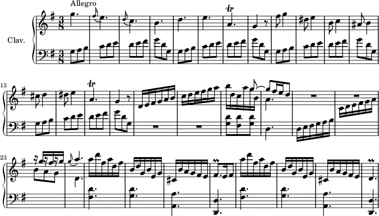 
\version "2.18.2"
\header {
  tagline = ##f
  % composer = "Domenico Scarlatti"
  % opus = "K. 235"
  % meter = "Allegro"
}
%% les petites notes
trillApDown     = { \tag #'print { a,4.\trill } \tag #'midi { b32 a b a~ a4 } }
trillDp         = { \tag #'print { d4.\prall } \tag #'midi { e32 d e d~ d4 } }
trillFisqp      = { \tag #'print { fis8.\prall } \tag #'midi { g32 fis g fis~ fis16 } }
upper = \relative c'' {
  \clef treble 
  \key g \major
  \time 3/8
  \tempo 4. = 72
  \set Staff.midiInstrument = #"harpsichord"
  \override TupletBracket.bracket-visibility = ##f
      s8*0^\markup{Allegro}
      g'4. | \appoggiatura fis16 e4. | \appoggiatura d16 c4. | b d e |
      % ms. 7
      \trillApDown | \tag #'print g4 \tag #'midi r4 r8 | fis'8 g4 | dis8 e4 | b8 c4 | ais8 b4 | cis8 d4 |
      % ms. 14
      dis8 e4 | \trillApDown | \tag #'print g4 \tag #'midi r4 r8 | d16 e fis g a b | c d e fis g a | << { s8 s8 g8~ | g   \tempo 4. = 60 fis16 e \tempo 4. = 50 d8 } \\ { b'16 d, c a' g b, | a4. } >>   \tempo 4. = 72
      % ms. 21
      R4.*2 | \stemUp r16 g'16[ r16 fis r16 g] | \appoggiatura g8 \stemUp a4. | \stemNeutral a16 d fis, a d, fis | b, d g, b e, g | cis, b' a g fis e |
      % ms. 28
      \trillFisqp e16 \tempo 4. = 48 fis8 \tempo 4. = 72 | a'16 d fis, a d, fis | b, d g, b e, g | cis, b' a g fis e | \trillDp 
      % ms. 35
}
lower = \relative c' {
  \clef bass
  \key g \major
  \time 3/8
  \set Staff.midiInstrument = #"harpsichord"
  \override TupletBracket.bracket-visibility = ##f
    % ************************************** \appoggiatura a16  \repeat unfold 2 {  } \times 2/3 { }   \omit TupletNumber 
      g8 a b | c d e | d e fis | g d  g,  | 
      g8 a b | c d e | d e fis | g d   \tempo 4. = 48 g,  |   \tempo 4. = 72
      g8 a b | c d e | d e fis | g d  g,  | 
      g8 a b | c d e | d e fis | g d   \tempo 4. = 48 g,  |   \tempo 4. = 72
      % ms. 17
      R4.*2 | < g d' >8 < fis d' > < g d' > | d4.
      % ms. 21
      d16 e fis g a b | \stemDown \change Staff = "upper" c d e fis g a | b8 a g | d4. | \stemNeutral \change Staff = "lower" \repeat unfold 2 { < fis, d' >4. | < g d' > | < a, a' > 
      % ms. 28
      < d, d' >4. }
      % ms. 33
}
thePianoStaff = \new PianoStaff <<
    \set PianoStaff.instrumentName = #"Clav."
    \new Staff = "upper" \upper
    \new Staff = "lower" \lower
  >>
\score {
  \keepWithTag #'print \thePianoStaff
  \layout {
      #(layout-set-staff-size 17)
    \context {
      \Score
     \override SpacingSpanner.common-shortest-duration = #(ly:make-moment 1/2)
      \remove "Metronome_mark_engraver"
    }
  }
}
\score {
  \keepWithTag #'midi \thePianoStaff
  \midi { }
}
