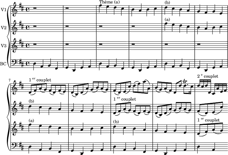 
\version "2.12.0"
\new GrandStaff
<<
  \new Staff \with {
    instrumentName = "V1"
    midiInstrument = "violin"
  } \relative c'' {
    \key d \major
    \time 4/4
    r1 r
    fis4^\markup {"Thème (a)"} e d cis
    b a b cis
    d^\markup {"(b)"} cis b a
    g fis g e
    d8(^\markup {"1" \super "er" "couplet"} fis) a( g) fis( d) fis( e)
    d( b) d( a') g( b) a( g)
    fis( d) e( cis') d( fis) a( a,)
    b( g) a( fis) d d' d8.\trill cis16
    d^\markup {"2" \super "e" "couplet"} cis d d, cis a' e fis
  }
  \new Staff \with {
    instrumentName = "V2"
    midiInstrument = "violin"
  } \relative c'' {
    \key d \major
    \time 4/4
    r1 r r r
    fis4^\markup {"(a)"} e d cis
    b a b cis
    d^\markup {"(b)"} cis b a
    g fis g e
    d8(^\markup {"1" \super "er" "couplet"} fis) a( g) fis( d) fis( e)
    d( b) d( a') g( b) a( g)
    fis( d) e( cis')
  }
  \new Staff \with {
    instrumentName = "V3"
    midiInstrument = "violin"
  } \relative c'' {
    \key d \major
    \time 4/4
    r1 r r r r r
    fis4^\markup {"(a)"} e d cis
    b a b cis
    d^\markup {"(b)"} cis b a
    g fis g e
    d8(^\markup {"1" \super "er" "couplet"} fis) a( g)
  }
  \new Staff \with {
    instrumentName = "BC"
    midiInstrument = "cello"
  } \relative c {
    \clef bass
    \key d \major
    \time 4/4
    d4 a b fis
    g d g a
    d4 a b fis
    g d g a
    d4 a b fis
    g d g a
    d4 a b fis
    g d g a
    d4 a b fis
    g d g a
    d4 a
  }
>>
\midi {
  \context {
    \Score
    tempoWholesPerMinute = #(ly:make-moment 56 4)
  }
}
