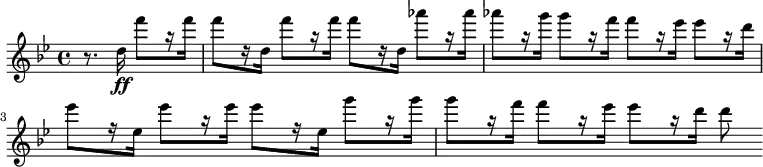 
<<
\relative c'' {
    \version "2.18.2"
    \key bes \major
    \time 4/4
    \tempo ""
    \partial2 r8. d16\ff f'8[ r16 f]
        f8[ r16 d,] f'8[ r16 f] f8[ r16 d,] aes''8[ r16 aes]
        aes8[ r16 g] g8[ r16 f] f8[ r16 es] es8[ r16 d]
        es8[ r16 es,] es'8[ r16 es] es8[ r16 es,] g'8[ r16 g]
        g8[ r16 f] f8[ r16 es] es8[ r16 d] d8 |
}
>>
