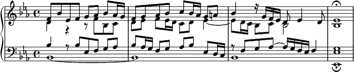 
\version "2.18.2"
\header {
  tagline = ##f
}
upper = \relative c'' {
  \clef treble 
  \key ees \major
  \time 4/4
  \tempo 4 = 60
  \set Staff.midiInstrument = #"organ"
   %% Fischer, fin de la fugue en mi-bémol
   << { f,8 bes ees, f g aes bes aes16 g } \\ { d4 r4 r8 f8 bes, c  } >>
   << { f8 g aes bes c bes16 aes g8 a } \\ { d,8 ees f ees16 d c8 d ees4~ } >>
   << { bes'4 r16 g f ees d8 ees4 d8 } \\ { ees8 d16 c bes8 c bes2 } >>
   << { ees1\fermata } \\ { bes1 } >>
}
lower = \relative c {
  \clef bass
  \key ees \major
  \time 4/4
  \set Staff.midiInstrument = #"organ"
   << { bes'4 r8 bes8[ ees, f] g aes } \\ { bes,1~ } >>
   << { bes'8 aes16 g f8 g aes bes ees, d16 c } \\ { bes1 } >>
   << { r8 f'8 g aes~ aes16 g f ees f4 } \\ { bes,1 } >>
   << { g'1 } \\ { < ees ees, >1\fermata } >>
}
\score {
  \new PianoStaff <<
    \new Staff = "upper" \upper
    \new Staff = "lower" \lower
  >>
  \layout {
    \context {
      \Score
      \remove "Metronome_mark_engraver"
    }
  }
  \midi { }
}
