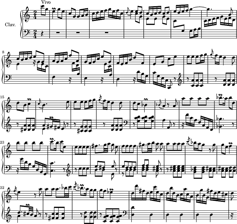 
\version "2.18.2"
\header {
  tagline = ##f
  % composer = "Domenico Scarlatti"
  % opus = "K. 242"
  % meter = "Vivo"
}
%% les petites notes
trillE      = { \tag #'print { e4\prall } \tag #'midi { f32 e f e~ e8 } }
trillC      = { \tag #'print { c4\prall } \tag #'midi { d32 c d c~ c8 } }
trillBes    = { \tag #'print { bes4\prall } \tag #'midi { c32 bes c bes~ bes8 } }
trillBesqp  = { \tag #'print { bes8.\prall } \tag #'midi { c32 bes c bes~ bes16 } }
trillGisqq  = { \tag #'print { gis16\prall } \tag #'midi { \times 2/3 { gis32 a gis } } }
trillCqp    = { \tag #'print { c8.\prall } \tag #'midi { d32 c d c~ c16 } }
trillF      = { \tag #'print { f4\prall } \tag #'midi { g32 f g f~ f8 } }
trillEes    = { \tag #'print { ees4\prall } \tag #'midi { f32 ees f ees~ ees8 } }
upper = \relative c'' {
  \clef treble 
  \key c \major
  \time 2/4
  \tempo 4 = 92
      s8*0^\markup{Vivo}
      \partial 4
      c'8 g | \trillE g8 e | c g g a16 b | c d e f g e f c | \appoggiatura d8 e4 \stemUp e8 d | c16 b c d c8 d |
      % ms. 6
      e16 d e f \stemNeutral g4~ | g4. \stemUp b,8 | c16 b c d e8 g, | a16 g a c f8 a, | g16 f g c e8 g, \stemNeutral |
      % ms. 11
      f16 e f b d8 f, | e g c e | e e e f16 g | \appoggiatura g16 f16 e d4 d8 | d b \trillC | \appoggiatura c8 b4. e8 |
      % ms. 17
      e8 e e f16 g | \acciaccatura g8 f16 e d4 d8 | d c \trillBes \appoggiatura bes8 a4 r8 a8 | a' a a a  | \trillBesqp a16 bes8 d, |
      % ms. 23
      b'8 b b b | \trillCqp b16 c8 e, | e[ e e e] | fis8. g32 a \once \autoBeamOff g8 e | f[ f f f] | gis8. a32 b \once \autoBeamOff a8 a | 
      % ms. 29
      a8[ a a a] | \acciaccatura c8 bes16 a g8 r8 g8 | g e \trillF \acciaccatura f8 e4 r8 a8 | a a a8. bes32 c | \acciaccatura c16 \trillBesqp a16 g8 g |
      % ms. 35
      g8 f \trillEes | d16 d' fis, d e c' e, c | d b' d, b c a' c, a | b g' b, g fis' d e cis | d8
}
lower = \relative c' {
  \clef bass
  \key c \major
  \time 2/4
    % ************************************** \appoggiatura a16  \repeat unfold 2 {  } \times 2/3 { }   \omit TupletNumber 
      r4 | R2*3 | \stemDown \change Staff = "upper" s4 c'8 g | e e g e |
      % ms. 6
      c8 \stemNeutral \change Staff = "lower"   g g a16 b \stemDown \change Staff = "upper" | c d e f g e f d | e4 r16 g16 e c \stemNeutral \change Staff = "lower" | f,4 r16 \stemDown \change Staff = "upper" f'16 d \stemNeutral \change Staff = "lower"  b | e,4 r16 \stemDown \change Staff = "upper" e'16 c \stemNeutral \change Staff = "lower" a |
      % ms. 11
      d,4 r16 d'16 b g | c g e c c,8 r8 |   \clef treble  r8 < c'' a' >8[ q q] | r8 < d a' >8[ q q] | r8 < dis a' >8[ q q] | 
      << { a'8 \trillGisqq fis16 e8 } \\ { e4 } >> r8 |
      % ms. 17
      r8 < cis g' >8[ q q] | r8 < d a' >8[ q q]  \clef bass | r8 < g, d' c >8[ q q] | a4 a,8 r8 | r16 f''16 c a f c a f | < bes bes' >4. r8 |
      % ms. 23
      r16 g''16 d b g d b g | < c c' >4. r8 |  \clef treble  r8 c''8[ c c] | 
      << { e8 dis e } \\ { b8 b e, } >> r8 |
      << { e'8[ d d d] | f f e } \\ { r8 b8[ b b] | < b d > q < a cis >  } >> r8 |
      % ms. 29
      r8 < a cis e >8[ q q] | < g bes d > q < a cis > q | q q < a d > q | << { d8. cis32\prall b32 a8 } \\ { a4 } >> r8 | r8 < fis c' >8[ q q] | r8  < g d' >8[ q q]
      % ms. 35
      r8 < c, g' a >8[ q q]   \clef bass | < d, d' >4 d | d d | d d | r16
}
thePianoStaff = \new PianoStaff <<
    \set PianoStaff.instrumentName = #"Clav."
    \new Staff = "upper" \upper
    \new Staff = "lower" \lower
  >>
\score {
  \keepWithTag #'print \thePianoStaff
  \layout {
      #(layout-set-staff-size 17)
    \context {
      \Score
     \override TupletBracket.bracket-visibility = ##f
     \override SpacingSpanner.common-shortest-duration = #(ly:make-moment 1/2)
      \remove "Metronome_mark_engraver"
    }
  }
}
\score {
  \keepWithTag #'midi \thePianoStaff
  \midi { \set Staff.midiInstrument = #"harpsichord" }
}
