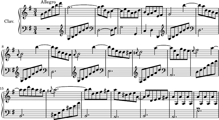 
\version "2.18.2"
\header {
  tagline = ##f
}
%% les petites notes
trillG = { \tag #'print { g'2.\prall } \tag #'midi { a32 g a g~ g8~ g2 } }
upper = \relative c'' {
  \clef treble 
  \key g \major
  \time 3/4
  \tempo 4 = 160
  \set Staff.midiInstrument = #"harpsichord"
      g8^\markup{Allegro} b d g b d | g,2.~ | g8 a d, b c4~ | c8 e c a b d | b g a c e, fis | 
      % ms. 6
      g2 \repeat unfold 2 { b'4~ | b8 a d, c b a | \appoggiatura a8 b2 } b'4~ | 
      % ms. 11
      b8 g e d d cis | \appoggiatura cis8 d2 a'4~ | a8 e a, g' fis e | \appoggiatura e8 fis2 a4~ | a8 a d b a gis | 
      % ms. 16
      \appoggiatura gis8 a2.~ | a8 b d, e fis gis | a e cis d e a,~ | a b d, e fis gis | \repeat unfold 6 { a a, } | 
}
lower = \relative c' {
  \clef bass
  \key g \major
  \time 3/4
  \set Staff.midiInstrument = #"harpsichord"
    % **************************************
      R2. | \clef treble g8 b d g b d | \clef bass d,,2~ d8 fis | g2 g,4 | c d d, |
      % ms. 6
      \repeat unfold 2 { \clef treble g'8 b d g b d | \clef bass d,,2. } | \clef treble g8 b d g b d |
      % ms. 11
      \clef bass e,,2. | \clef treble fis8 a d fis a d | \clef bass a,,2. | d8 fis a d fis a  | b,,2. | 
      % ms. 16
      cis8 e a cis e a | b,,2. | a b a \trillG | 
}
thePianoStaff = \new PianoStaff <<
    \set PianoStaff.instrumentName = #"Clav."
    \new Staff = "upper" \upper
    \new Staff = "lower" \lower
  >>
\score {
  \keepWithTag #'print \thePianoStaff
  \layout {
      #(layout-set-staff-size 17)
    \context {
      \Score
     \override SpacingSpanner.common-shortest-duration = #(ly:make-moment 1/2)
      \remove "Metronome_mark_engraver"
    }
  }
}
\score {
  \keepWithTag #'midi \thePianoStaff
  \midi { }
}
