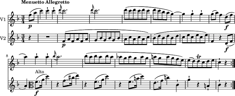 
<<
\new Staff \with { instrumentName = #"V1 "}  \relative c' {
    \version "2.18.2"
    \key f \major 
    \tempo "Menuetto Allegretto"
    \tempo 4 = 130
    \time 3/4
   \partial 4 f'8 \p (a c4) c-! c-!
   \grace d16 (c2.)  \grace d16 (c2.) 
   d8 (c d c d c d c bes a g4) ~ g g-! g-!
   g8 (a) f4 d8\f (f a4) a-! a-!
   \grace bes16 (a2.)
   bes8 (a bes a bes a aes g aes g aes g a! g a g f e)
   e (d) d\trill c d e
   c4-! r
   \bar ":|."
}
\new Staff \with { instrumentName = #"V2 "} 
 \relative c'' {
    \key f \major 
    \clef "treble"
    \time 3/4
   \partial 4 r4 R1*3/4  f,8 \p (a f a f a g bes g bes g bes a c a c a c)
   bes (d bes d bes d c e c e c e)
   f,4 r d8\f (f a4)  \clef "alto" f8.\f ^ \markup{Alto} (a16 d4)
   r g,8. (cis16 e4)
   r  f,8. (a16 d4)
   r  f,8. (b16 d4)
   e,8. (g16 c!4) c,-!
   a'-! r b,-! c-! r  \bar ":|."
 }
>>
