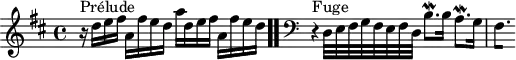 
\version "2.18.2"
\header {
  tagline = ##f
}
\score {
  \new Staff \with {
  }
<<
  \relative c'' {
    \key d \major
    \time 4/4
	\set Staff.midiInstrument = #"harpsichord" 
     %% INCIPIT CBT I-5, BWV 850, ré majeur
     r16^\markup{Prélude} d16 e fis a, fis' e d a' d, e fis a, fis' e d \bar ".."
      \skip 8*1
      \override Staff.Clef.extra-offset = #'( -1 . 0 )
      \clef bass 
      \partial 1
     r4^\markup{Fuge}  d,,32 e fis g fis e fis d b'8.\mordent b16 a8.\mordent g16 
{ 
 % suppression des warnings :
 #(ly:set-option 'warning-as-error #f)
 #(ly:expect-warning (_ "stem does not fit in beam")) %% <= à traduire éventuellement
 #(ly:expect-warning (_ "beam was started here")) %% <= à traduire éventuellement
  \set stemRightBeamCount = #1
  fis4.*1/4[ s]
}
  }
>>
  \layout {
     \context { \Score \remove "Metronome_mark_engraver" 
     \override SpacingSpanner.common-shortest-duration = #(ly:make-moment 1/2) 
}
  }
  \midi {}
}
