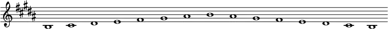 
\new Staff {
  \relative c' {
    \key b \major
    \override Staff.TimeSignature #'stencil = ##f
    \override Staff.BarLine #'stencil = ##f
     b1 cis dis e fis gis ais b ais gis fis e dis cis b
  }
}
\midi {
  \context {
    \Score
    tempoWholesPerMinute = #(ly:make-moment 120 1)
  }
}
