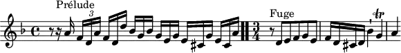 
\version "2.18.2"
\header {
  tagline = ##f
}
\score {
  \new Staff \with {
%fontSize = #-2
  }
<<
  \relative c'' {
    \key d \minor
    \time 4/4
	\set Staff.midiInstrument = #"harpsichord" 
     %% INCIPIT CBT I-6, BWV 851, ré mineur 
     r8 r16^\markup{Prélude} a16 \tuplet 3/2 { f16[ d a'] } \omit TupletNumber \tuplet 3/2 { f16 d d' } \tuplet 3/2 { bes16[ g bes] } \tuplet 3/2 { g e g } \tuplet 3/2 { e[ cis g'] } \tuplet 3/2 { e cis a' }  \bar ".."
     \time 3/4 
     r8^\markup{Fuge} d,8 e f g e f16 d cis d bes'4-! g\trill a4~ 
  }
>>
  \layout {
     \context { \Score \remove "Metronome_mark_engraver" 
     \override SpacingSpanner.common-shortest-duration = #(ly:make-moment 1/2) 
}
  }
  \midi {}
}
