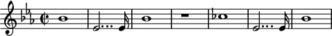 
\header {
  tagline = ##f
}
\score {
  \new Staff \with {
  }
<<
  \relative c'' {
    \key ees \major
    \time 2/2
    \tempo 2 = 80
    \override TupletBracket #'bracket-visibility = ##f 
    %\autoBeamOff
    \set Staff.midiInstrument = #"French horn"
     %%%%%%%%%%%%%%%%%%%%%%%%%% AB 4-1 th1
     bes1 ees,2... ees16 bes'1 r1 ces1 ees,2... ees16 bes'1
  }
>>
  \layout {
    \context { \Score \remove "Metronome_mark_engraver"
    }
  }
  \midi {}
}
