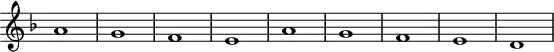 
\version "2.14.2"
\header {
  tagline = ##f
}
\score {
  \new Staff \with {
    \remove "Time_signature_engraver"
  }
<<
  \relative c'' {
    \key f \major
    \clef treble
    \time 2/2
    \tempo 2 = 120
    \override TupletBracket #'bracket-visibility = ##f 
    \autoBeamOff
    \set Staff.midiInstrument = #"harpsichord"
     %%%%%%%%%%%%%%%%%%%%%%%%%% Romanesca mélodique
     a1 g f e a g f e d \bar ".|"
  }
>>
  \layout {
    \context { \Score \remove "Metronome_mark_engraver" }
    \context {
      \remove "Metronome_mark_engraver"
    }
  }
  \midi {}
}
