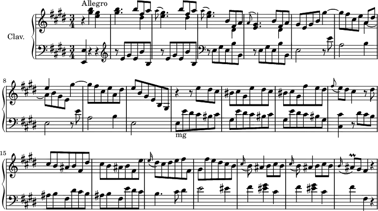 
\version "2.18.2"
\header {
  tagline = ##f
  % composer = "Domenico Scarlatti"
  % opus = "K. 216"
  % meter = "Allegro"
}
%% les petites notes
trillAisqAppo    = { \tag #'print { \appoggiatura b16 ais8\prall  } \tag #'midi { b32 ais b ais } }
upper = \relative c'' {
  \clef treble 
  \key e \major
  \time 3/4
  \tempo 4 = 144
  \set Staff.midiInstrument = #"harpsichord"
  \override TupletBracket.bracket-visibility = ##f
     s4*0^\markup{Allegro} r4 < gis' b >4 < e gis > | < gis b >4. \repeat unfold 2 { << { b8 fis a | \stemDown \appoggiatura a8 < e gis >4. } \\ { s8 dis4 } >> } | << { b8 fis a | \appoggiatura a8 < e gis >4. b'8 fis a } \\ { s8 dis,4 | s2 dis4 } >>  
     % ms. 6
     gis8 e gis b gis'4~ | gis8 fis cis e << { a,8 dis | e4 } \\ { a,4~ | a8[ b gis e] } >> gis'4~ | gis8 fis cis e a, dis |
     % ms. 10
     e8 b gis e b gis | r4 r8 e''8 dis cis | bis cis gis e' dis cis | bis cis gis fis' e dis | \appoggiatura fis8 e8 dis cis4 r8 dis8 |
     % ms. 15
     cis8 b ais b fis dis' | cis b ais b fis e' | \appoggiatura e16 dis8 cis dis e fis fis, | gis fis' e dis cis b | \repeat unfold 2 { \appoggiatura cis16 b8 ais4  b8 cis b } |
     % ms. 21
     \tempo 4 = 125 \trillAisqAppo  gis8 fis4 r4 |
}
lower = \relative c {
  \clef bass
  \key e \major
  \time 3/4
  \set Staff.midiInstrument = #"harpsichord"
  \override TupletBracket.bracket-visibility = ##f
    % **************************************
      < e, e' >4 r4 r4 | \clef treble \repeat unfold 2 { r8 e''8  gis e b' b, } | \clef bass \repeat unfold 2 { r8 e,8  gis e b' b, } |
      % ms. 6
      \repeat unfold 2 { e2 r8 e'8 | a,2 b4 } | 
      % ms. 10
      e,2 s4 | e8-\markup{mg} e' dis cis bis cis | gis e' dis cis bis cis | gis e' dis cis bis gis | < cis, cis' >4 r8 dis'8 cis b |
      % ms. 15
      ais8  b fis dis' cis b | ais b fis e' dis cis | b4. cis8 dis4 | e2 eis4 | \repeat unfold 2 { fis < eis gis >4 cis4 } |
      % ms. 21
      fis4 fis, r4 |
}
thePianoStaff = \new PianoStaff <<
    \set PianoStaff.instrumentName = #"Clav."
    \new Staff = "upper" \upper
    \new Staff = "lower" \lower
  >>
\score {
  \keepWithTag #'print \thePianoStaff
  \layout {
      #(layout-set-staff-size 17)
    \context {
      \Score
     \override SpacingSpanner.common-shortest-duration = #(ly:make-moment 1/2)
      \remove "Metronome_mark_engraver"
    }
  }
}
\score {
  \keepWithTag #'midi \thePianoStaff
  \midi { }
}
