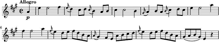 
\relative c'' {
    \version "2.18.2"
    \key a \major 
    \tempo "Allegro"
    \time 2/2
    \partial2  \partial4  a4\p e'4 e2 fis4
    \grace e16 (d4) cis8 d \grace cis16 (b4) a8 b
    cis4 cis2 b4
     \grace gis16 (a4) b8 a  \grace b16 (cis4) d8 cis
     e4 e2 a4 fis4 fis2 a4
     \grace fis16 (e4) d8 e fis d b a
     \grace a16 (gis4) fis8 e a b cis d
     \grace fis16 (e4) d8 e fis d b a
     gis (a b gis) e4 r4 
}
