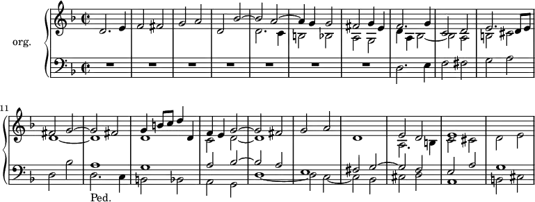 
\version "2.18.2"
\header {
  tagline = ##f
  % composer = "Bohuslav Matěj Černohorský"
  % opus = ""
  % meter = "Andante"
}
dux    = { d2. e4 | f2 fis | g a | d, } 
comes  = { d2. c4 | b2 bes | a g }
upper = \relative c' {
  \clef treble 
  \key d \minor
  \time  2/2
  \tempo 2 = 72
   % ms. 1
   << { \dux bes'2~ | bes a~ | a4 g g2 | fis g4 e | f2. g4 | 
       c,2 d | e2. d8 e | fis2 g~ | g fis } 
   \\ { s1*4 \comes d'4 a bes2~ |
       bes a | b cis | d1~ | d } >>
   % ms. 13
   << { g4  b8 c d4 d, | f e g2~ | g fis | g a d,1 } 
    \\ { d1 | c2 d~ | d1 } >>
   % ms. 18
   << { e2 d | e1 |  } 
   \\ { a,2. b4 | c2 cis | d e } >>
}
lower = \relative c {
  \clef bass
  \key d \minor
  \time  2/2
   % ms. 1 et 8
   R1*7 \dux bes'2 
   << { a1 | g | a2 bes~ | bes a e1 | fis2 g~ | g f | e a | g1 } 
   \\ { s8*0-\markup{Ped.} \comes d'1~ | d2 c~ | c bes | cis d | a1 | b2 cis } >>
} 
\score {
  \new PianoStaff <<
    \set PianoStaff.instrumentName = #"org."
    \new Staff = "upper" \upper
    \new Staff = "lower" \lower
  >>
  \layout {
      #(layout-set-staff-size 17)
    \context {
      \Score
     \override SpacingSpanner.common-shortest-duration = #(ly:make-moment 1/2)
      \omit TupletNumber
      \remove "Metronome_mark_engraver"
    }
  }
  \midi { \set Staff.midiInstrument = #"church organ" }
}
